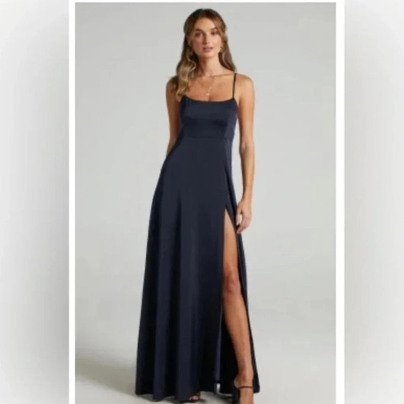 NWT SHOWPO. WILL IT BE US MIDI DRESS - THIGH SPLIT‎ CROSS BACK DRESS NAVY SIZE 8 - Picture 1 of 10